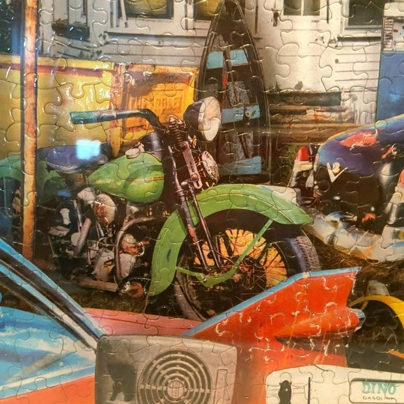Framed Puzzle Picture Old Nostalgic Cars Motorcycles Trucks Dogs Bel Aire Motel - Picture 7 of 8